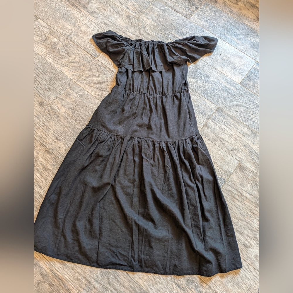 Democracy Womens OFF The Shoulder Black RUFFLE DRESS Linen Rayon Sz M